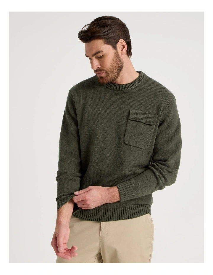 Nep Yarn Knit Patch Pocket Sweater in Olive image 5