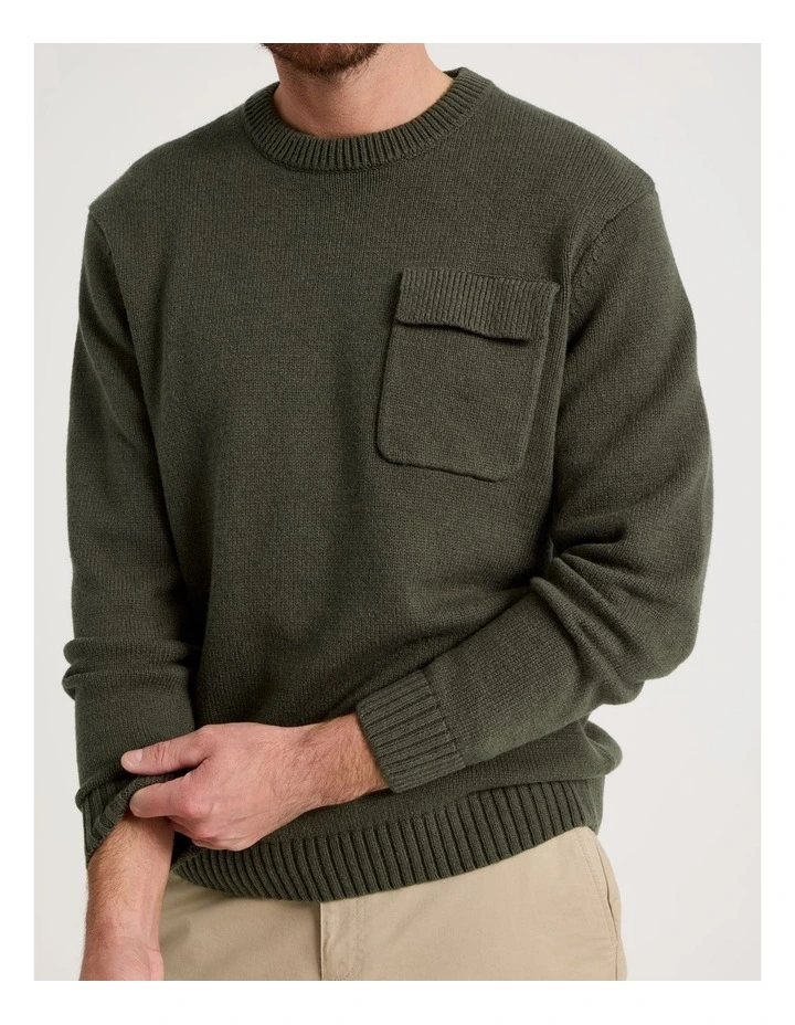 Nep Yarn Knit Patch Pocket Sweater in Olive image 7