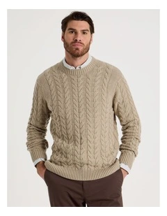 Crew Neck Cable Knit in Sand