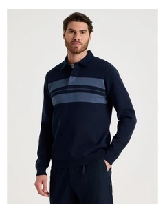 Long Sleeve Striped Knit Rugby Polo in Navy