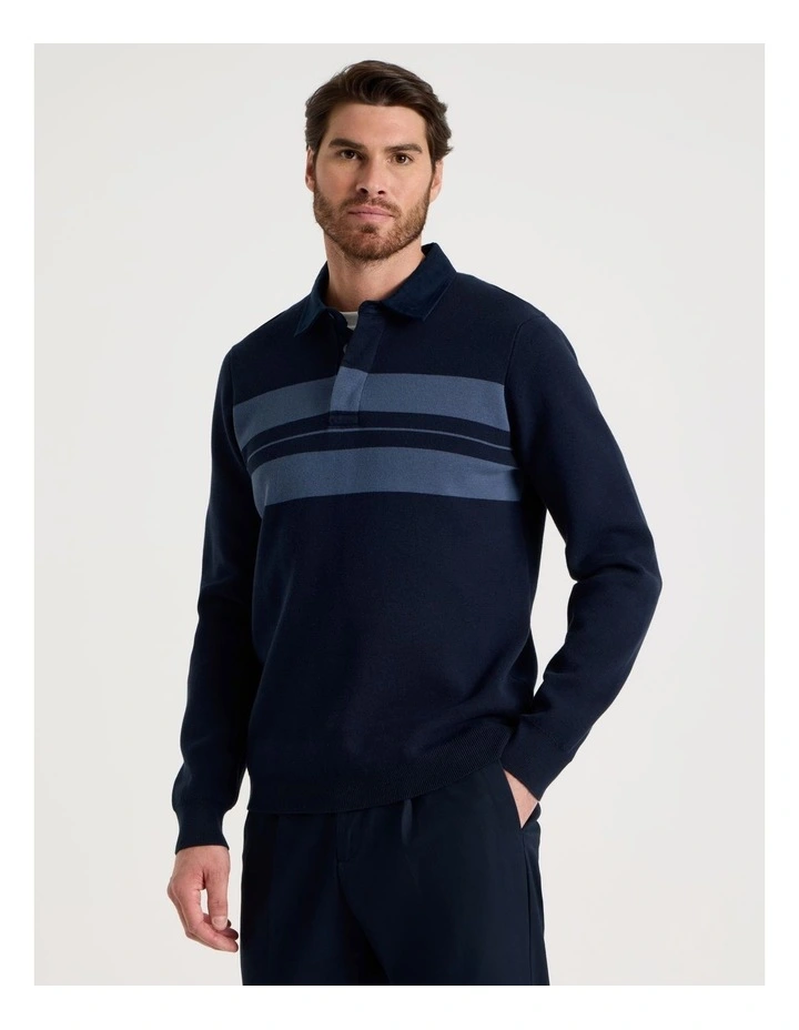 Long Sleeve Striped Knit Rugby Polo in Navy image 1