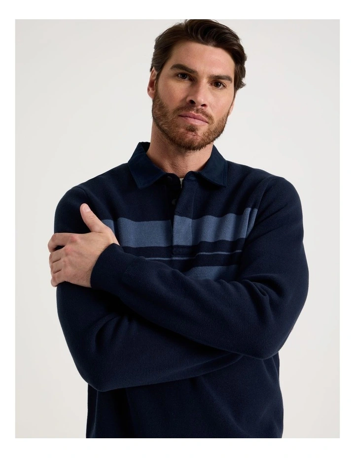 Long Sleeve Striped Knit Rugby Polo in Navy image 2