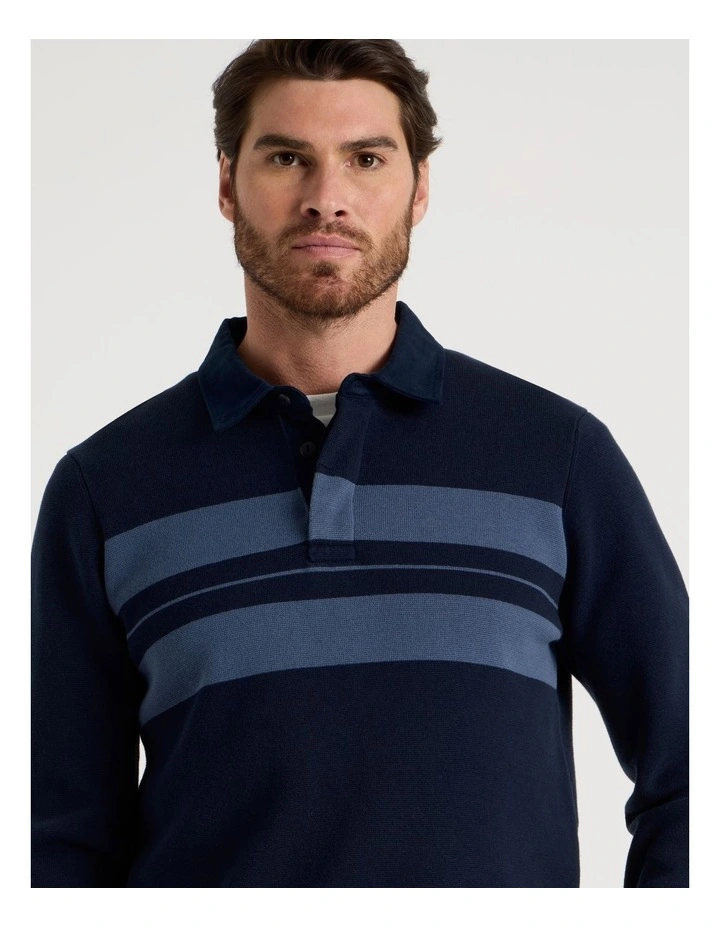 Long Sleeve Striped Knit Rugby Polo in Navy image 4