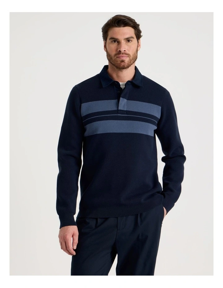 Long Sleeve Striped Knit Rugby Polo in Navy image 5