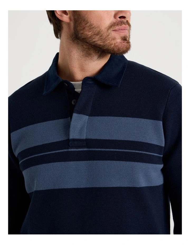Long Sleeve Striped Knit Rugby Polo in Navy image 7