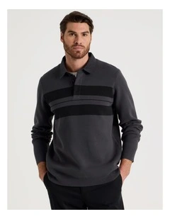 Long Sleeve Striped Knit Rugby Polo in Charcoal