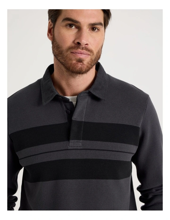 Long Sleeve Striped Knit Rugby Polo in Charcoal image 3