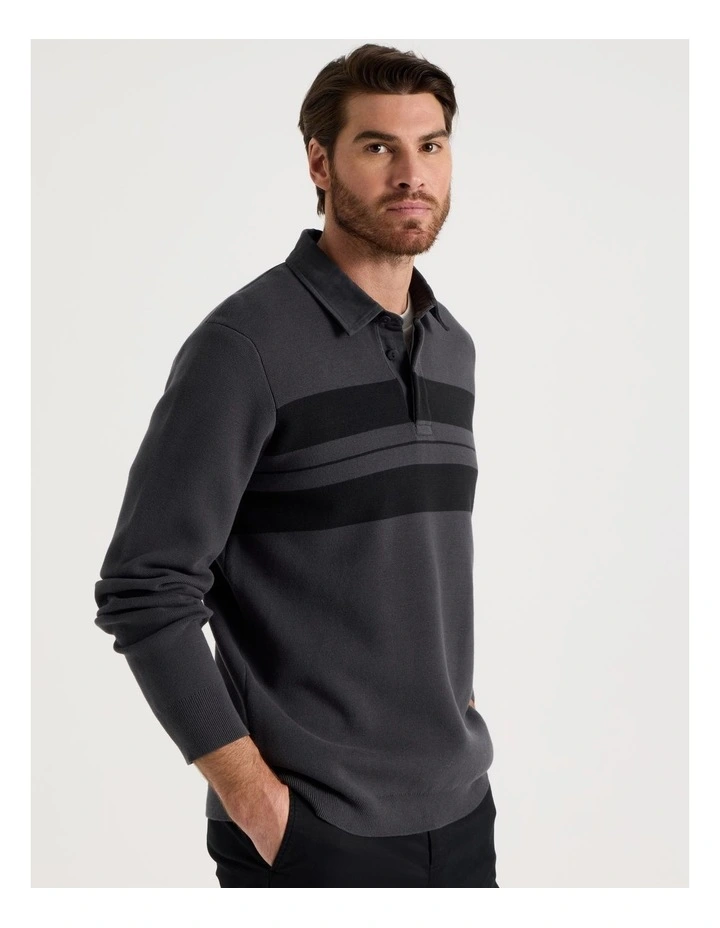 Long Sleeve Striped Knit Rugby Polo in Charcoal image 4