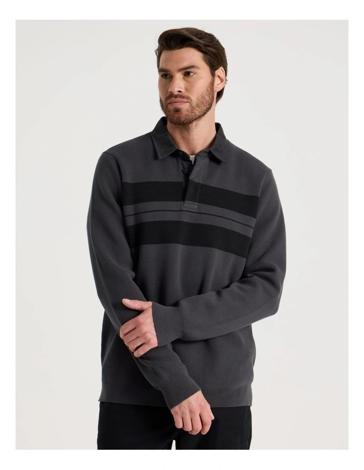 Long Sleeve Striped Knit Rugby Polo in Charcoal image 5