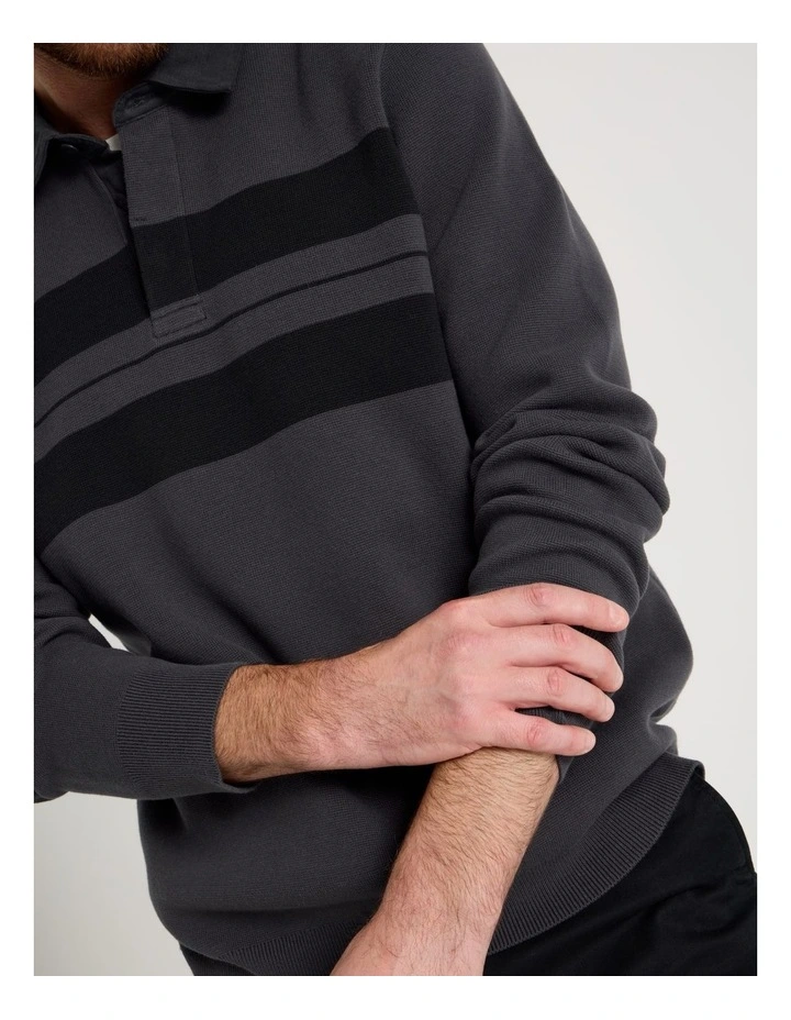 Long Sleeve Striped Knit Rugby Polo in Charcoal image 7