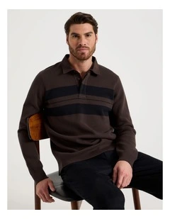 Long Sleeve Striped Knit Rugby Polo in Brown