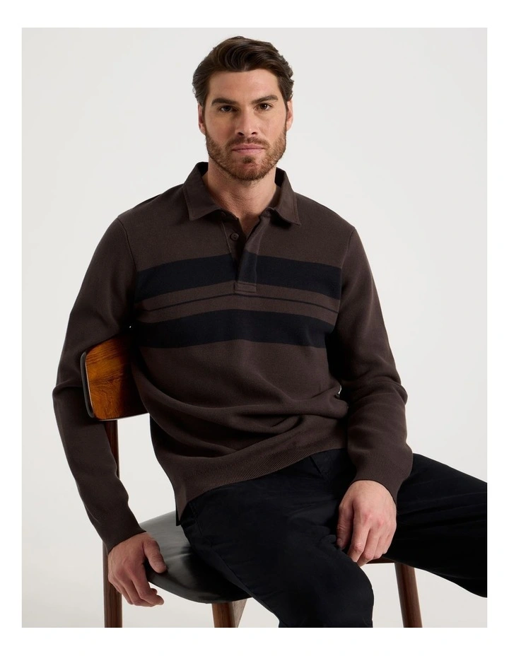 Long Sleeve Striped Knit Rugby Polo in Brown image 1