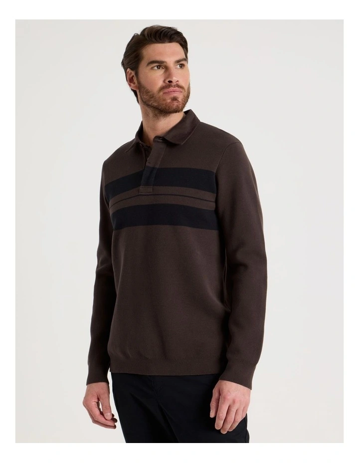 Long Sleeve Striped Knit Rugby Polo in Brown image 2