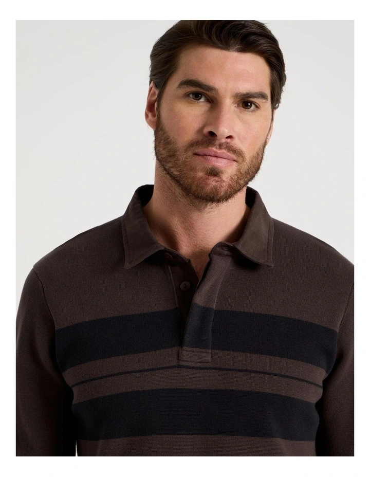 Long Sleeve Striped Knit Rugby Polo in Brown image 4