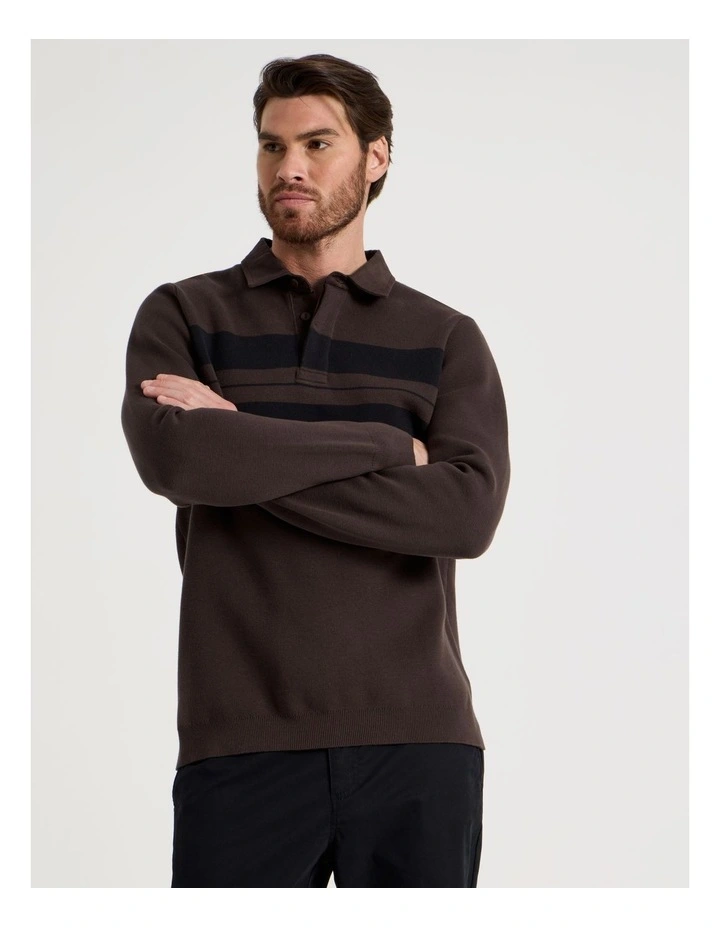 Long Sleeve Striped Knit Rugby Polo in Brown image 5