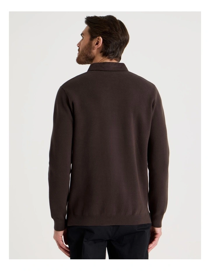 Long Sleeve Striped Knit Rugby Polo in Brown image 6