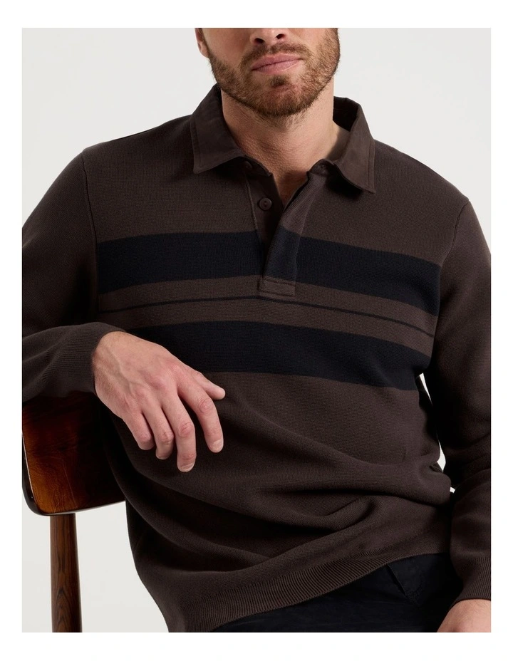 Long Sleeve Striped Knit Rugby Polo in Brown image 7