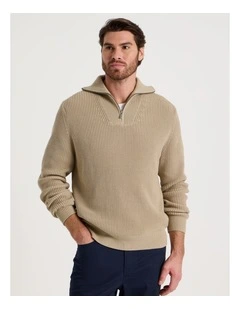 Chunky Quarter Zip Knit Sweater in Sand