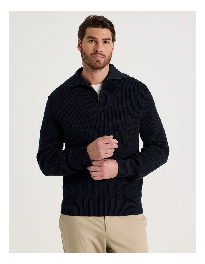 Chunky Quarter Zip Knit Sweater in Navy image 3
