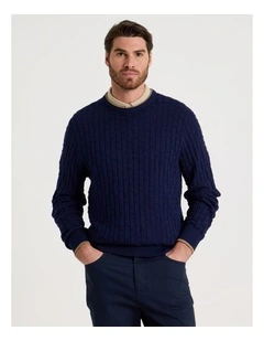 Basket Weave Knit Crew Neck Knit Sweater in Navy