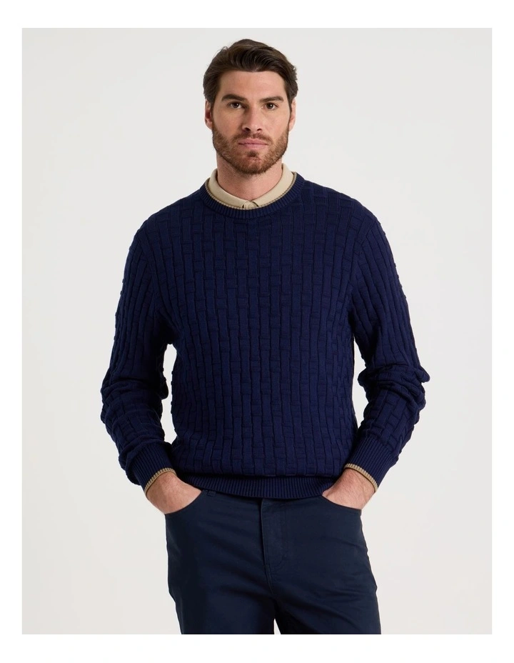Basket Weave Knit Crew Neck Knit Sweater in Navy image 1