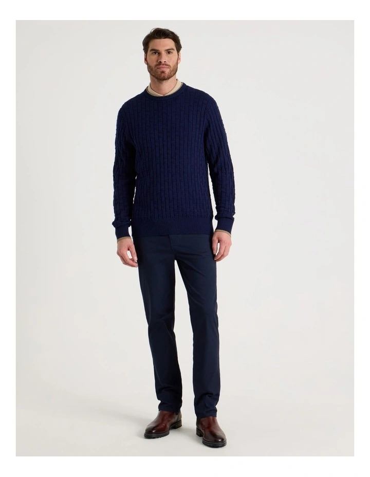 Basket Weave Knit Crew Neck Knit Sweater in Navy image 2