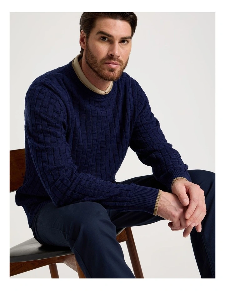Basket Weave Knit Crew Neck Knit Sweater in Navy image 3
