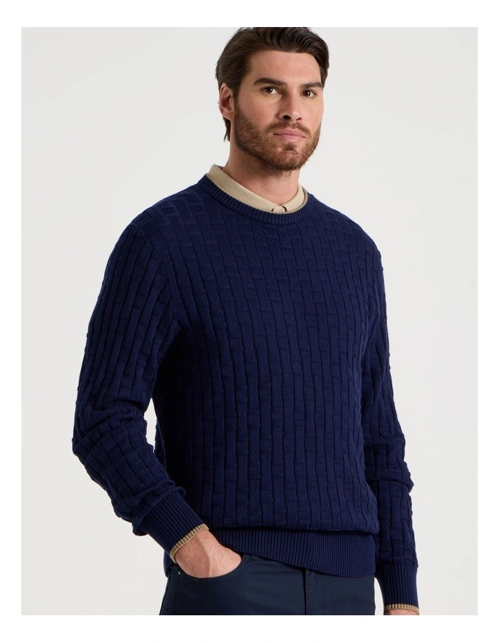 Basket Weave Knit Crew Neck Knit Sweater in Navy image 4
