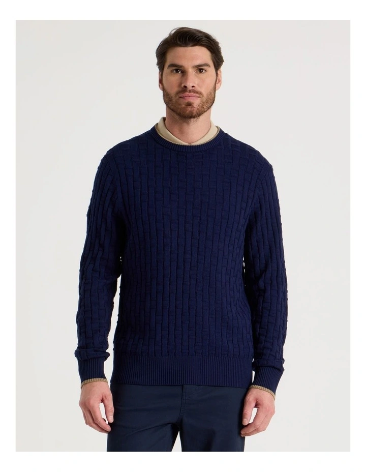 Basket Weave Knit Crew Neck Knit Sweater in Navy image 5