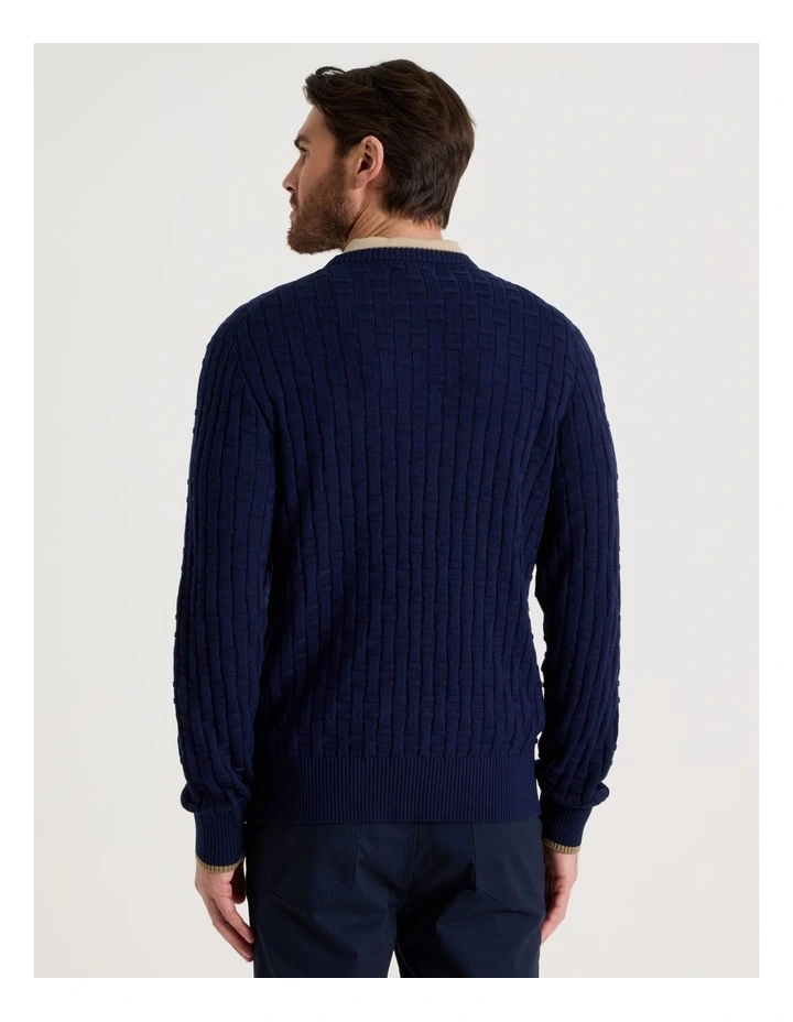 Basket Weave Knit Crew Neck Knit Sweater in Navy image 6