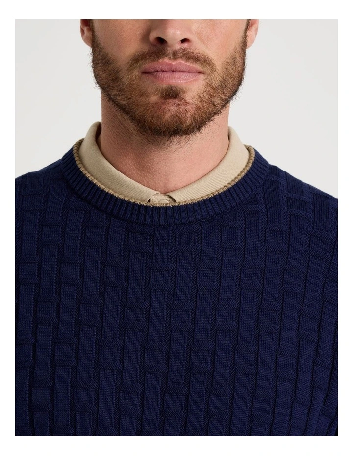 Basket Weave Knit Crew Neck Knit Sweater in Navy image 7
