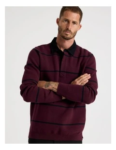 Long Sleeve Striped Knit Rugby Polo in Burgundy