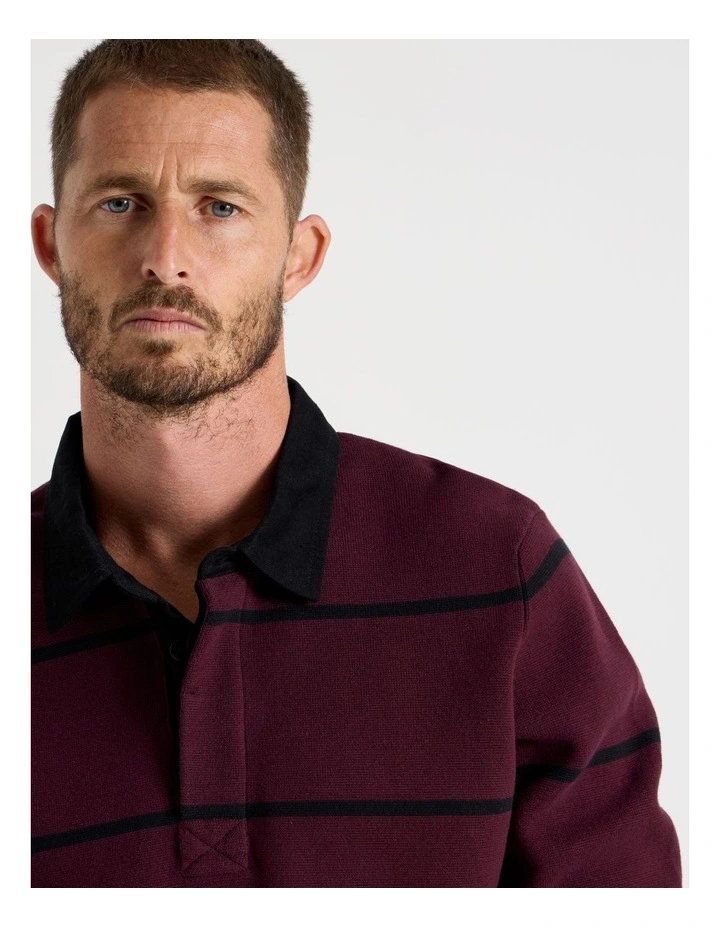 Long Sleeve Striped Knit Rugby Polo in Burgundy image 2