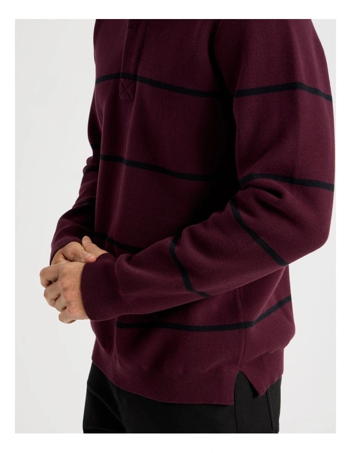 Long Sleeve Striped Knit Rugby Polo in Burgundy image 4