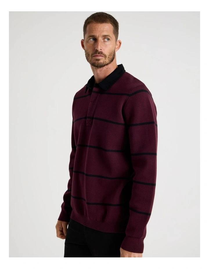 Long Sleeve Striped Knit Rugby Polo in Burgundy image 5