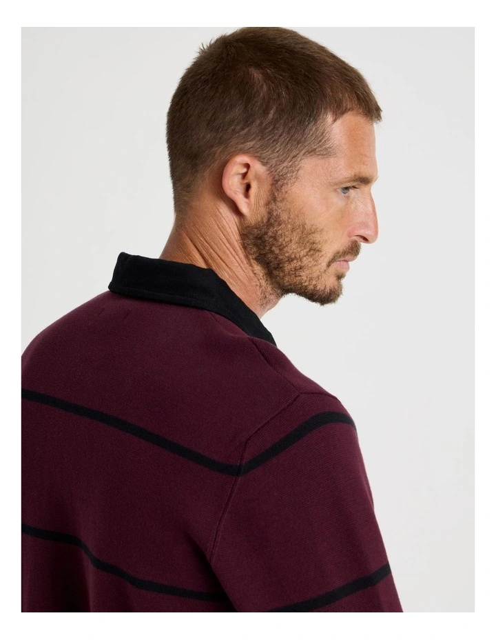 Long Sleeve Striped Knit Rugby Polo in Burgundy image 7