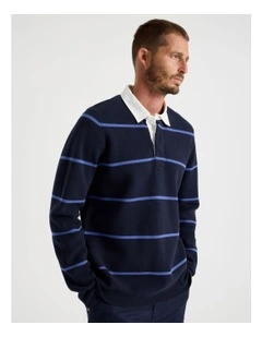 Long Sleeve Striped Knit Rugby Polo in Navy