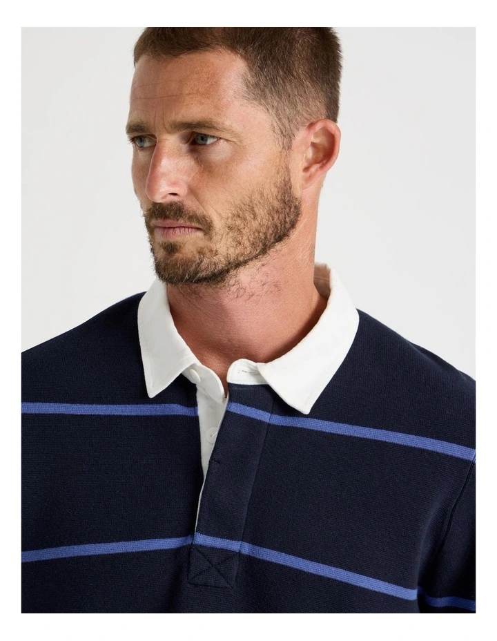 Long Sleeve Striped Knit Rugby Polo in Navy image 5