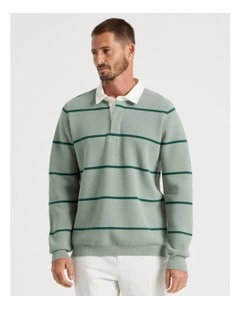 Long Sleeve Striped Knit Rugby Polo in Light Green