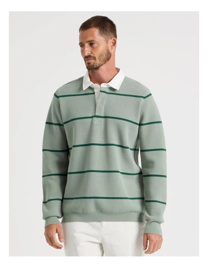 Long Sleeve Striped Knit Rugby Polo in Light Green image 1