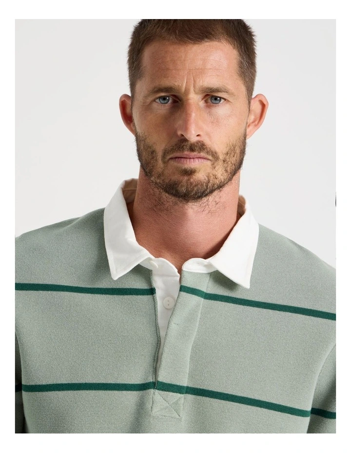 Long Sleeve Striped Knit Rugby Polo in Light Green image 3