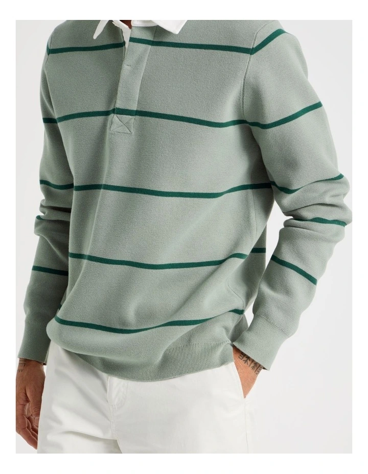 Long Sleeve Striped Knit Rugby Polo in Light Green image 4
