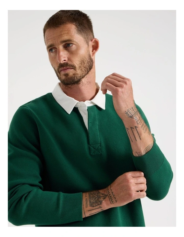 Long Sleeve Knit Rugby Polo in Emerald image 2