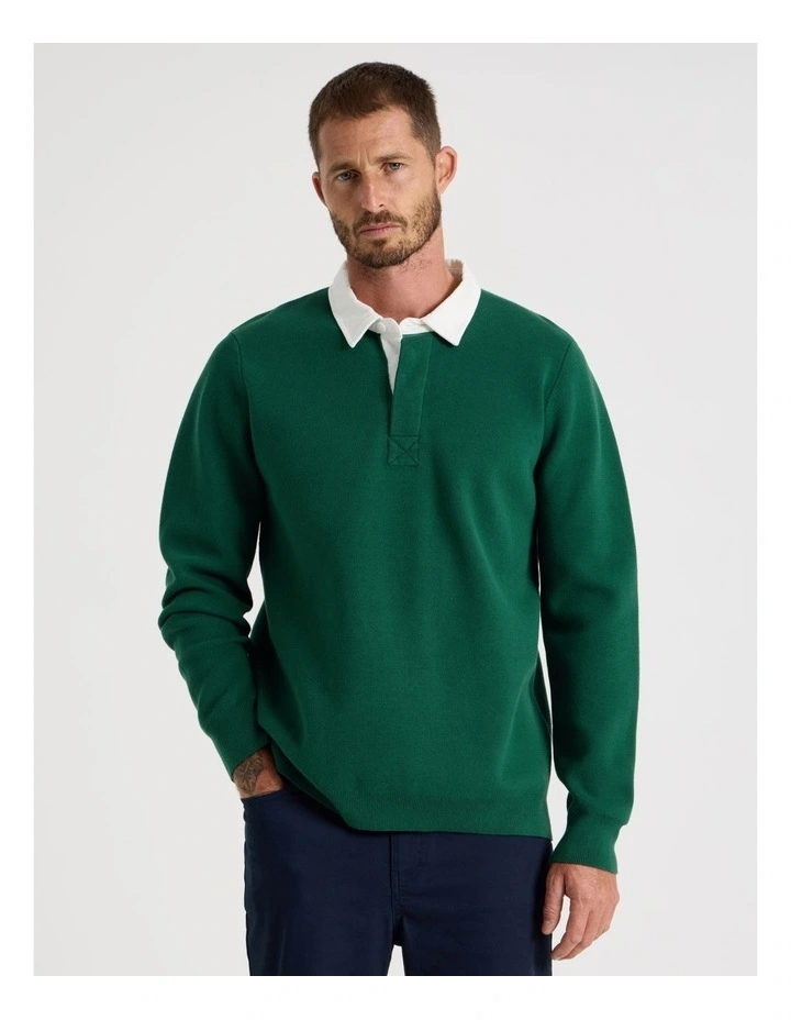 Long Sleeve Knit Rugby Polo in Emerald image 3
