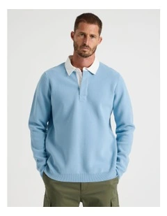 Long Sleeve Knit Rugby Polo in Light Blue