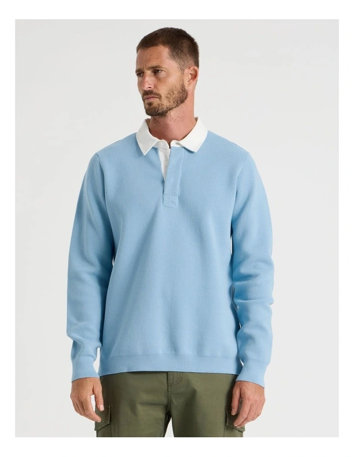 Long Sleeve Knit Rugby Polo in Light Blue image 5