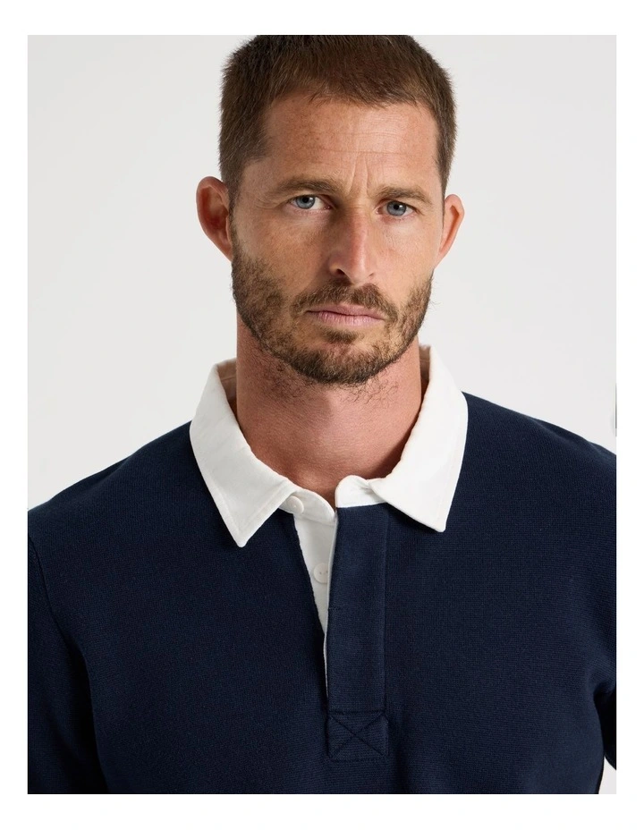 Long Sleeve Knit Rugby Polo in Navy image 2