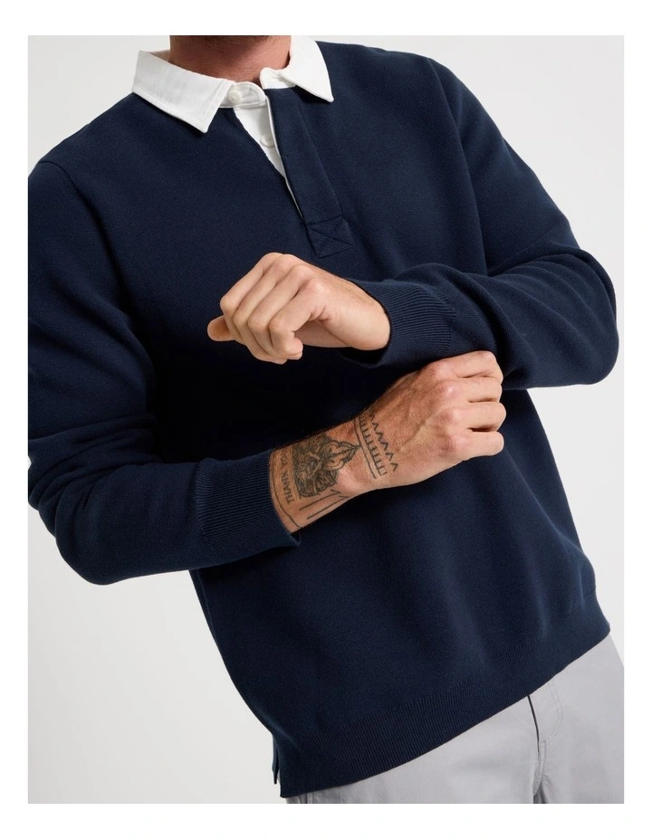 Long Sleeve Knit Rugby Polo in Navy image 5