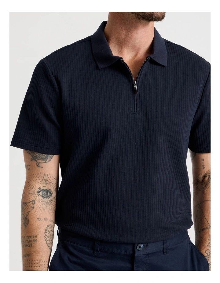 Zip Neck Self Stripe Polo in Navy image 3