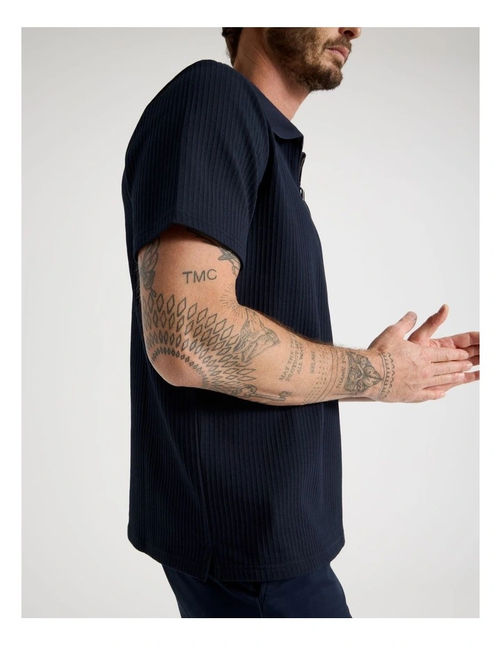 Zip Neck Self Stripe Polo in Navy image 4